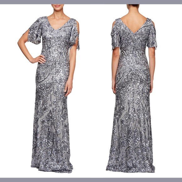 NEW $259‎ Alex Evenings [ 10 ] Sequin Lace Cold Shoulder Trumpet Gown Silver - Picture 1 of 13